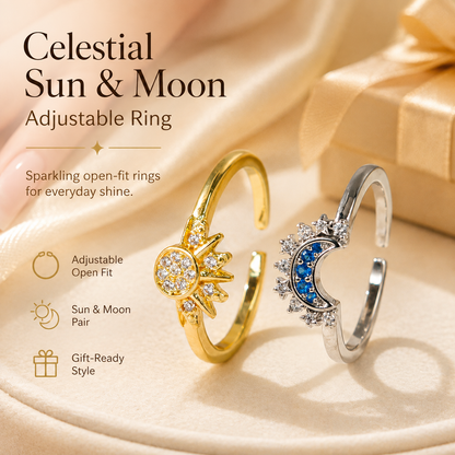 ✨ Celestial Sun & Moon Adjustable Ring Set – Sparkling Open-Fit Jewelry Gift