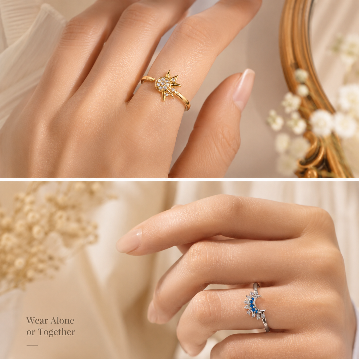 ✨ Celestial Sun & Moon Adjustable Ring Set – Sparkling Open-Fit Jewelry Gift