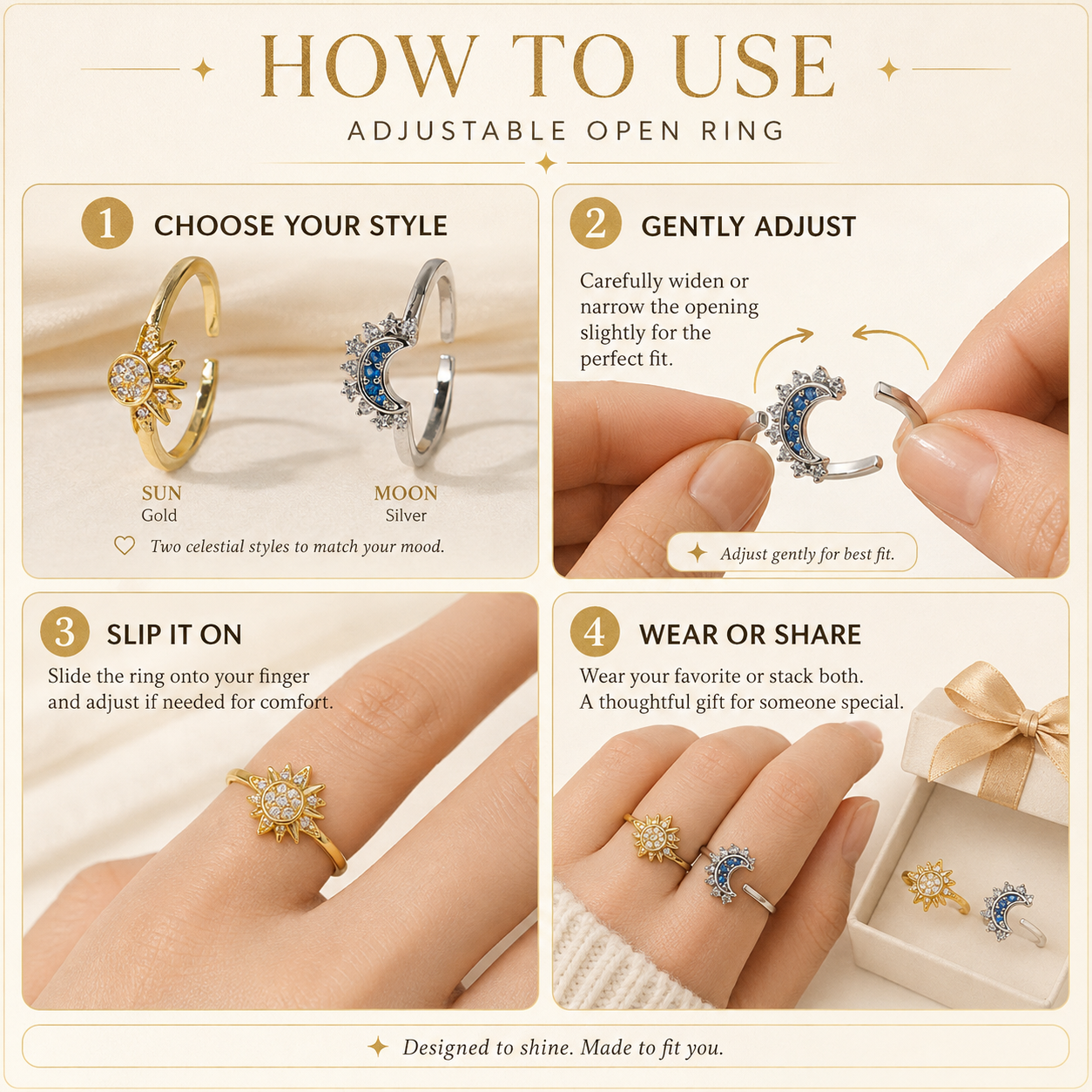 ✨ Celestial Sun & Moon Adjustable Ring Set – Sparkling Open-Fit Jewelry Gift