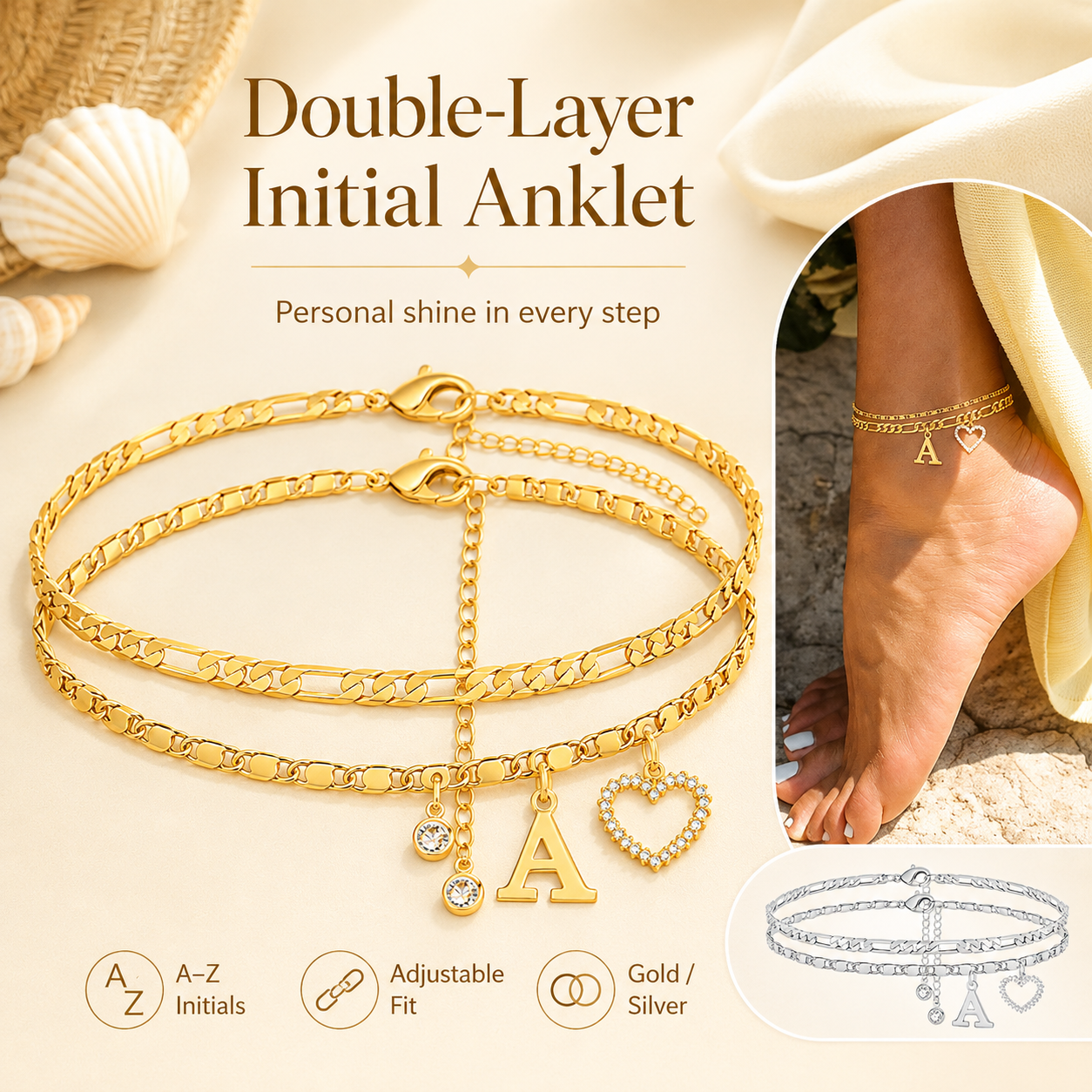 🎁Double-Layer 26-Letter Gold-Tone Chain Heart-Shaped Anklet with a heart-shaped pendant