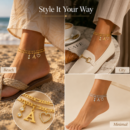 🎁Double-Layer 26-Letter Gold-Tone Chain Heart-Shaped Anklet with a heart-shaped pendant