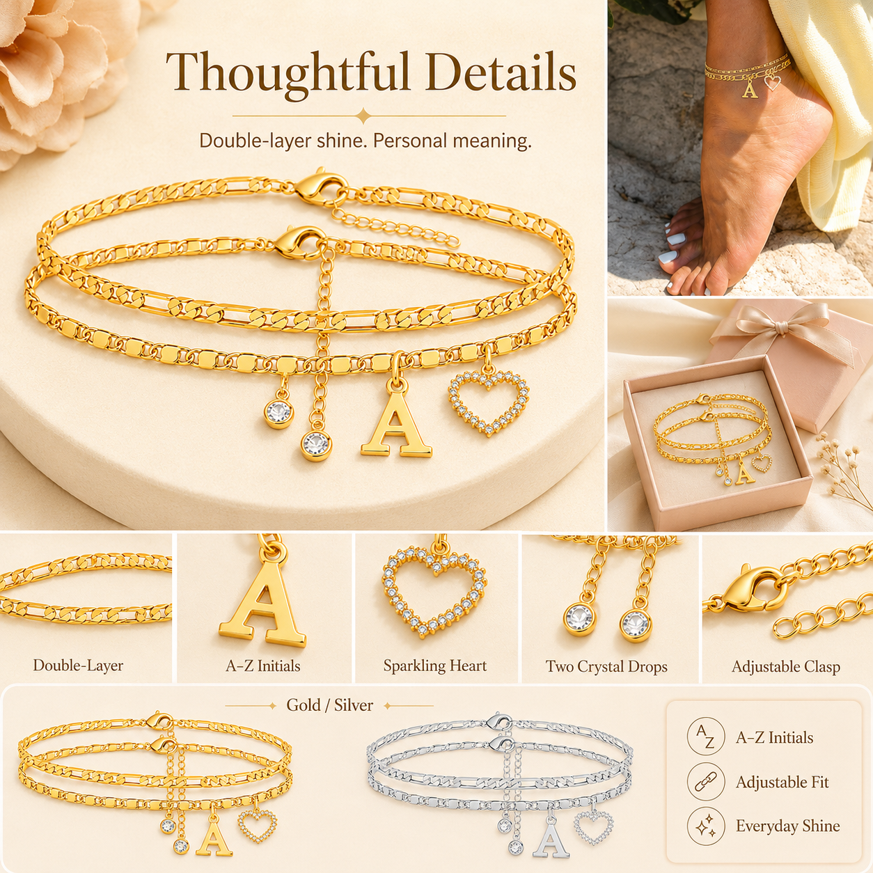🎁Double-Layer 26-Letter Gold-Tone Chain Heart-Shaped Anklet with a heart-shaped pendant