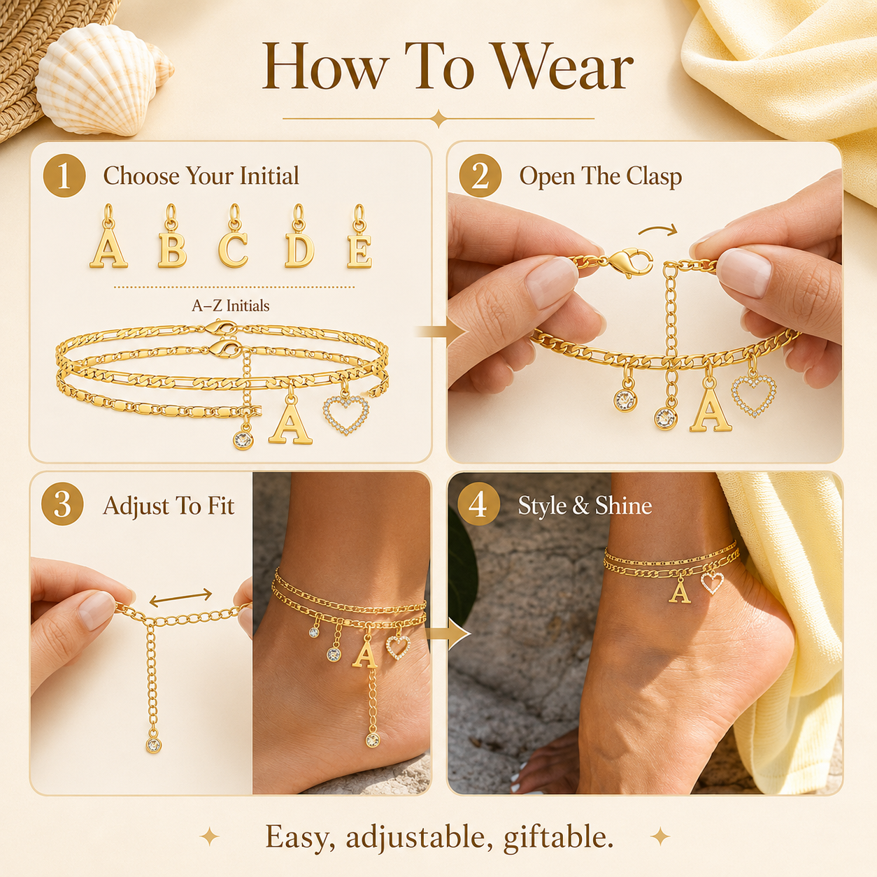 🎁Double-Layer 26-Letter Gold-Tone Chain Heart-Shaped Anklet with a heart-shaped pendant