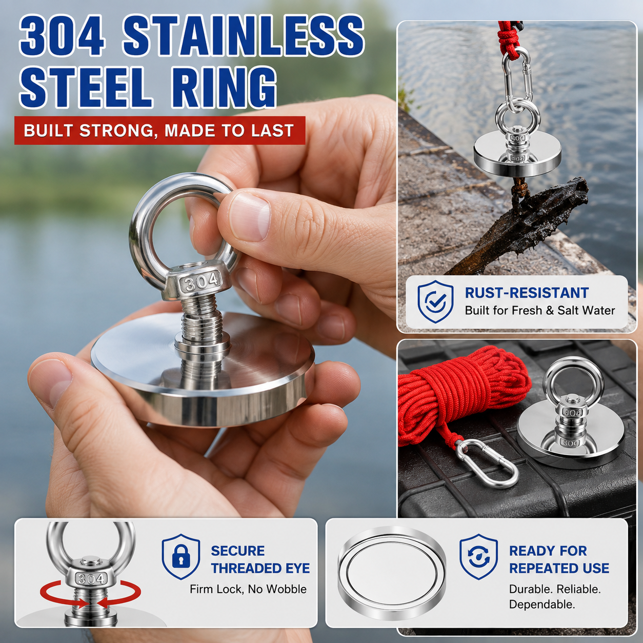 🔥🛠️Heavy Duty Fishing Magnet,Magnet with Countersunk Eyebolt