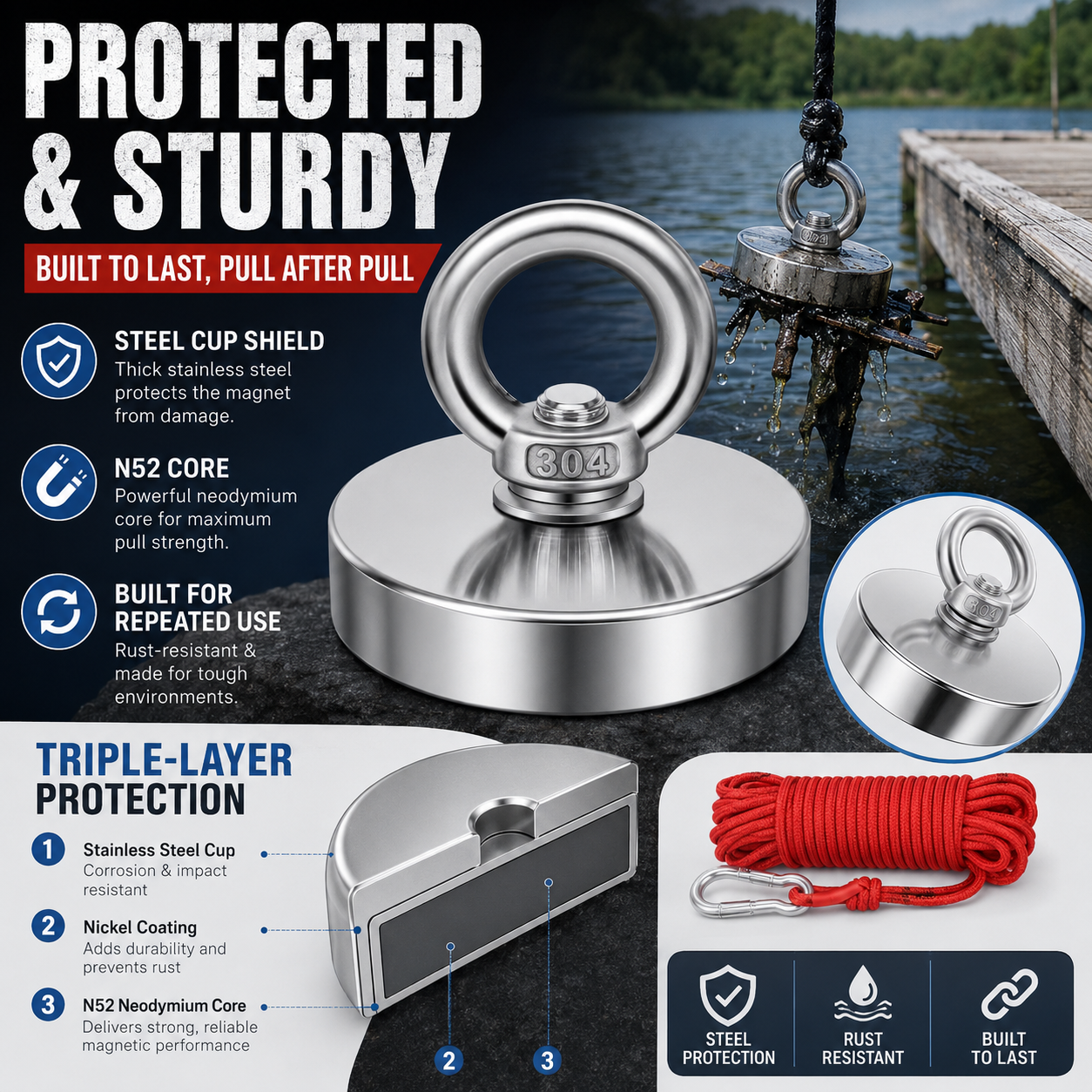 🔥🛠️Heavy Duty Fishing Magnet,Magnet with Countersunk Eyebolt