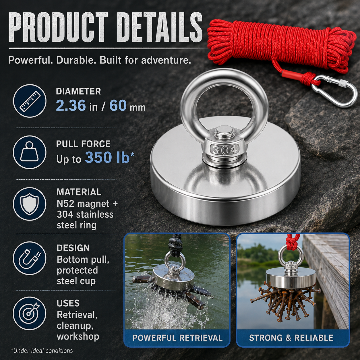 🔥🛠️Heavy Duty Fishing Magnet,Magnet with Countersunk Eyebolt