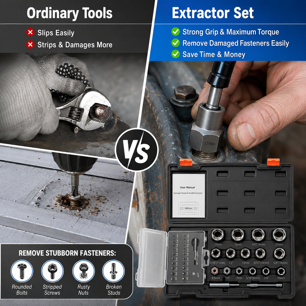 🛠️39-Piece Damaged Screw Extractor Set with 3/8" Drive Bolt Extractor Kit