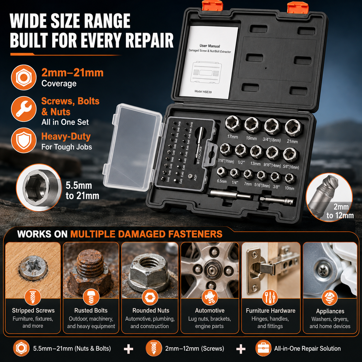 🛠️39-Piece Damaged Screw Extractor Set with 3/8" Drive Bolt Extractor Kit