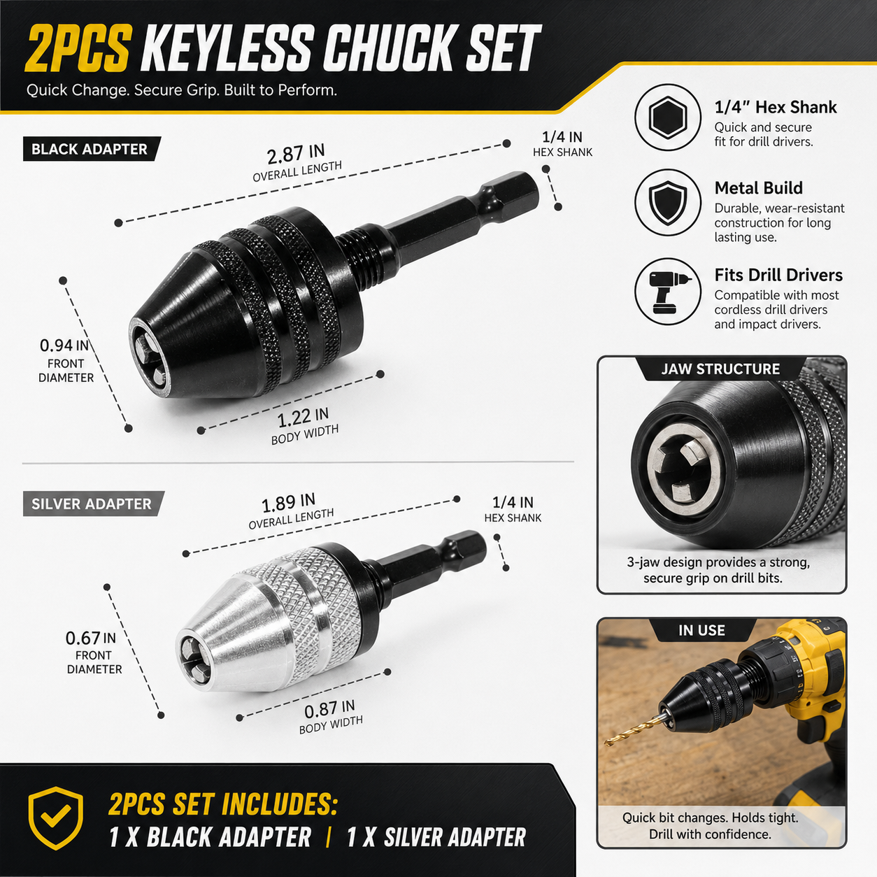 🔥1/4 Inch Hex Shank Keyless Drill Chuck Quick Change Adapter Converter drill adapter