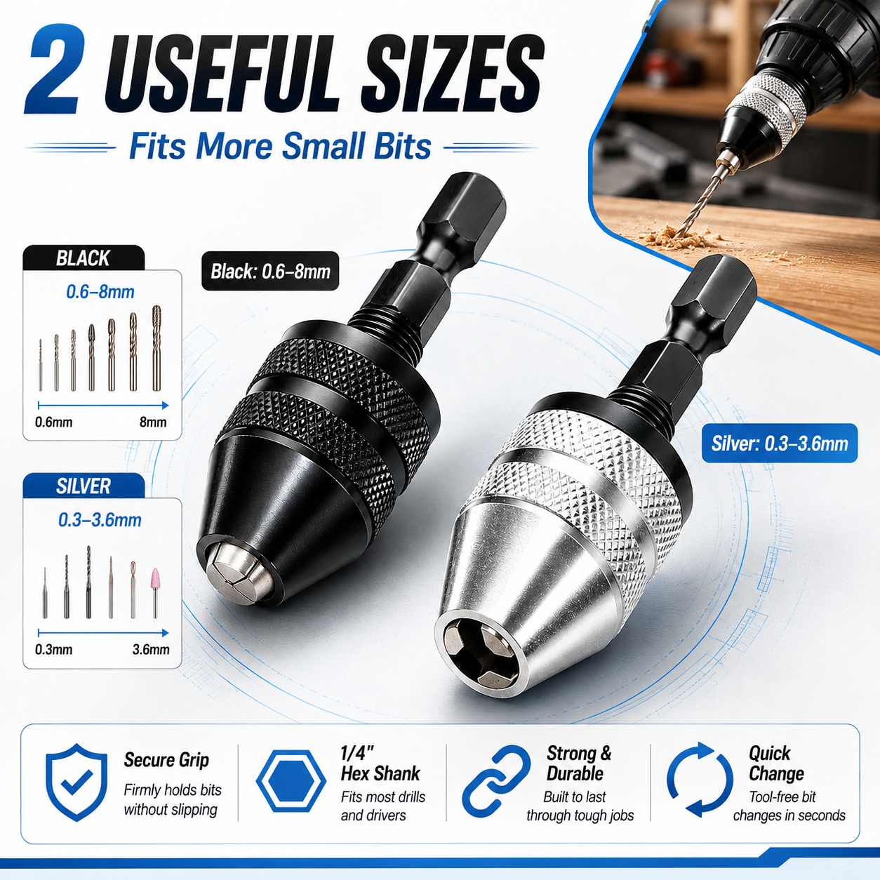 🔥1/4 Inch Hex Shank Keyless Drill Chuck Quick Change Adapter Converter drill adapter