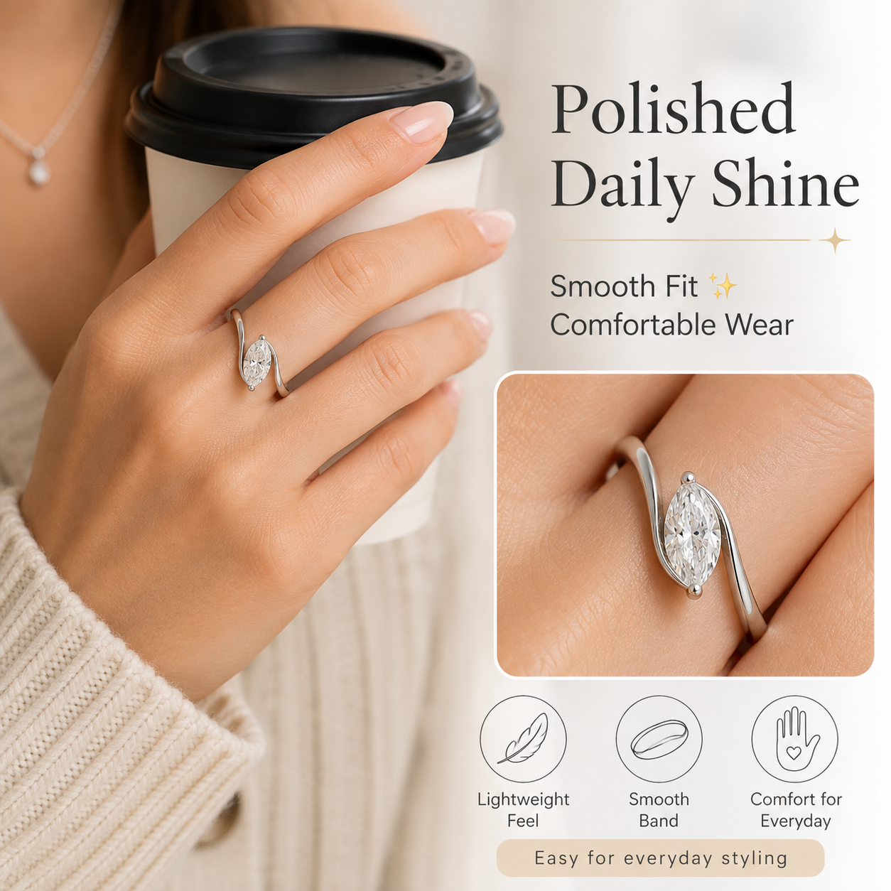 ✨Moissanite 1ct Rippling Romance Marquise Solitaire Ring Silver