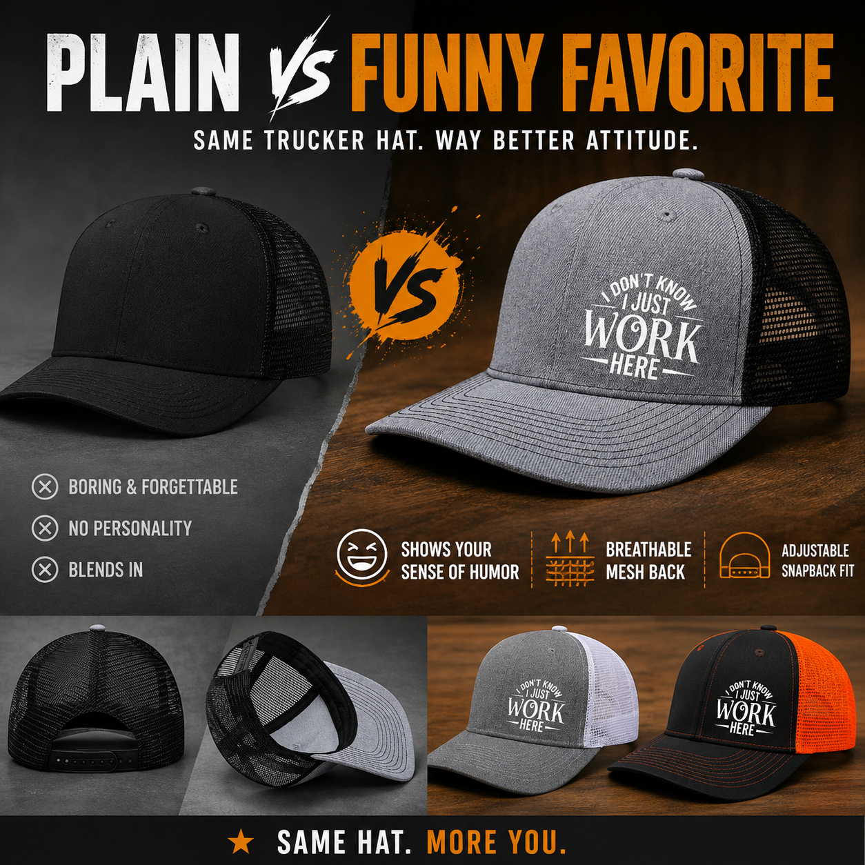 🔥Sarcastic Graphic Trucker Hat - Funny "I Don't Know I Just Work Here" Gag Gift Cap
