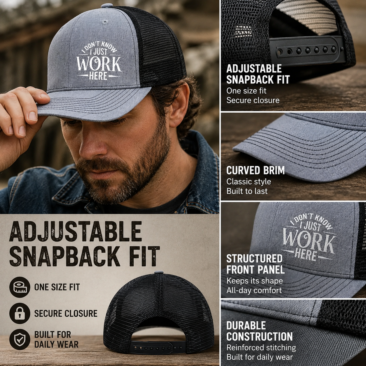 🔥Sarcastic Graphic Trucker Hat - Funny "I Don't Know I Just Work Here" Gag Gift Cap