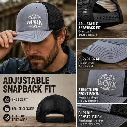 🔥Sarcastic Graphic Trucker Hat - Funny "I Don't Know I Just Work Here" Gag Gift Cap