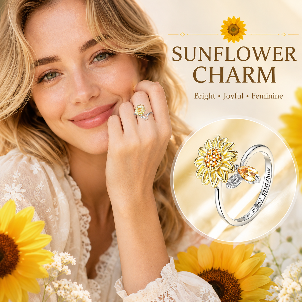 ☀️Sunflower Fidget Rings for Women,You are My Sunshine Chic Sunflower Open Ring