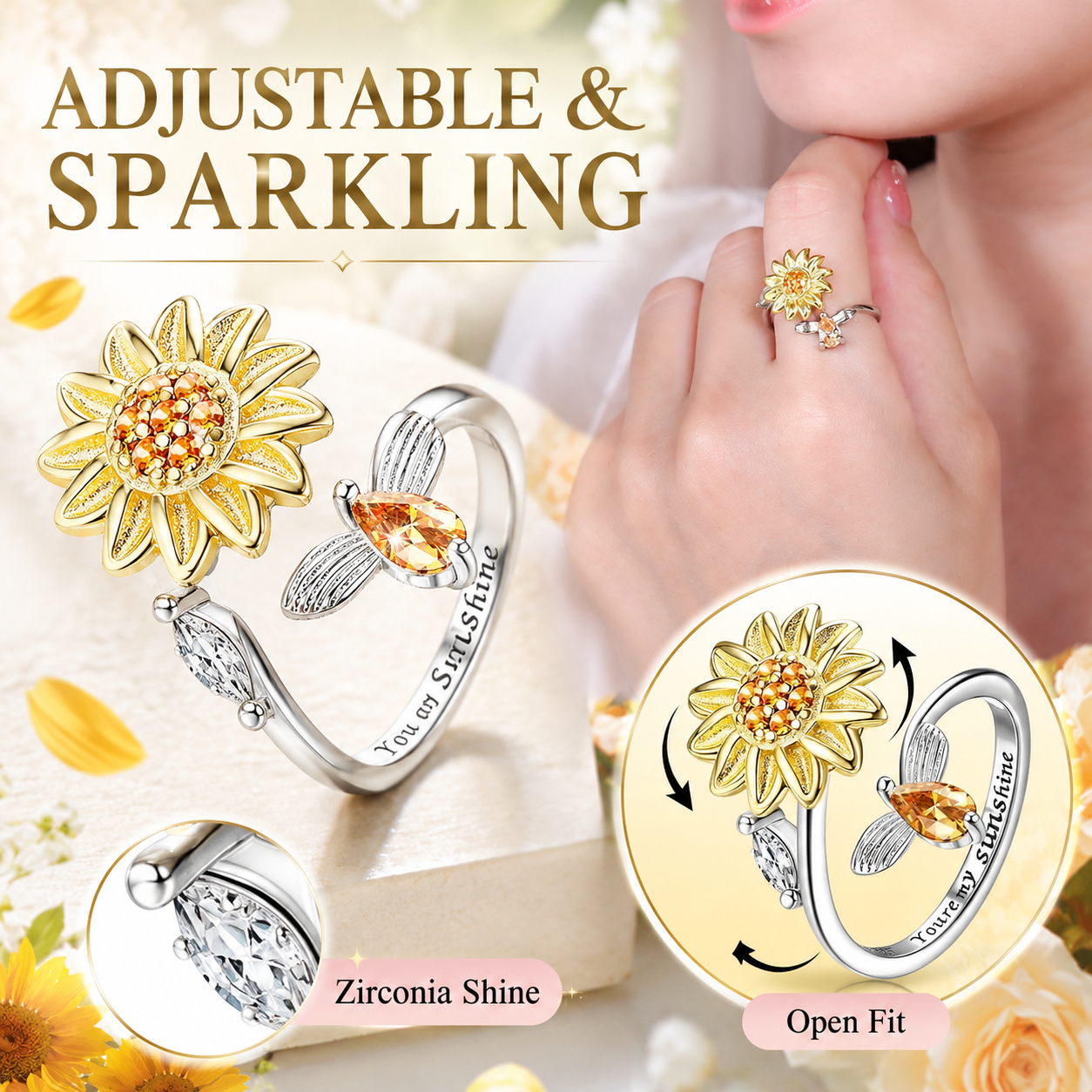 ☀️Sunflower Fidget Rings for Women,You are My Sunshine Chic Sunflower Open Ring