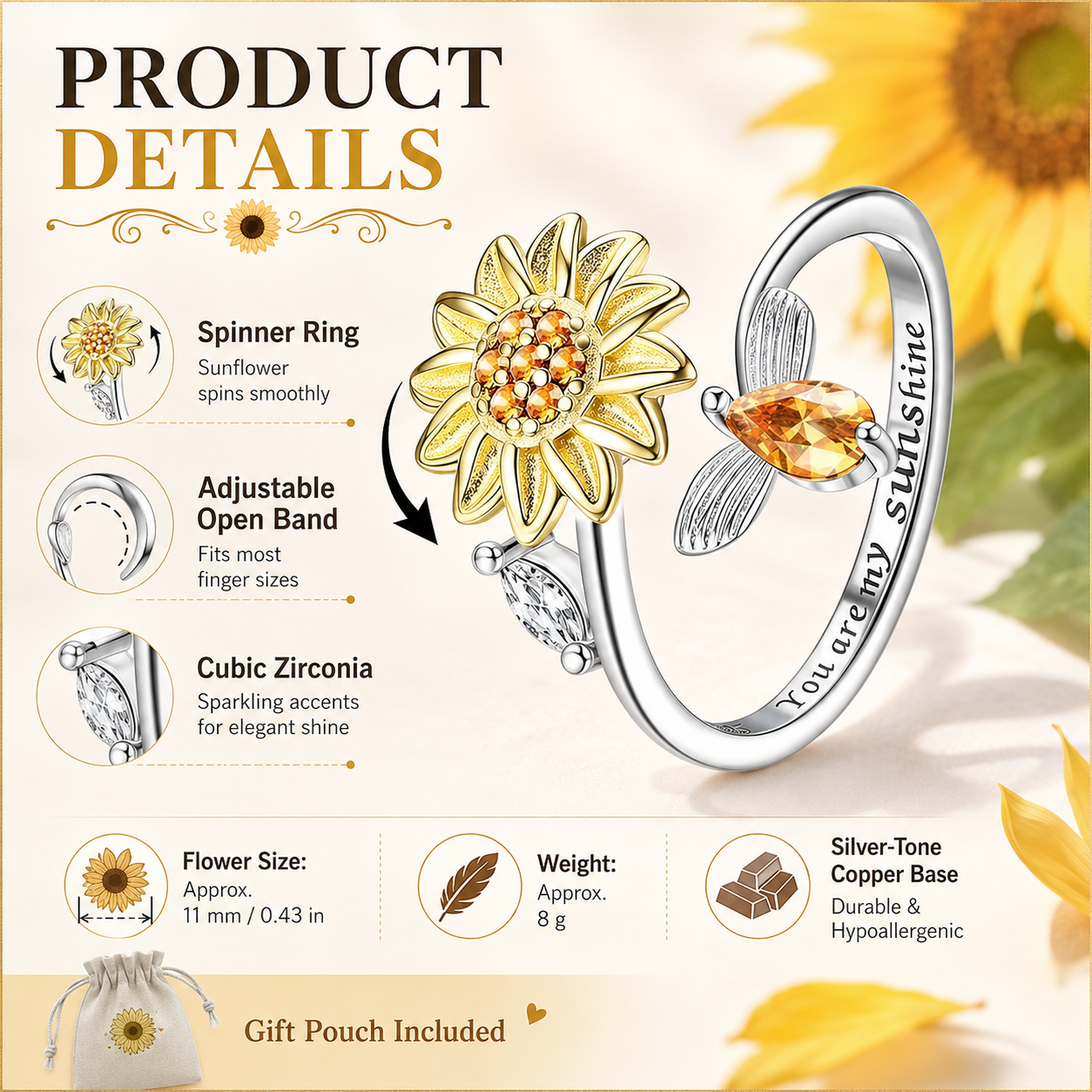 ☀️Sunflower Fidget Rings for Women,You are My Sunshine Chic Sunflower Open Ring