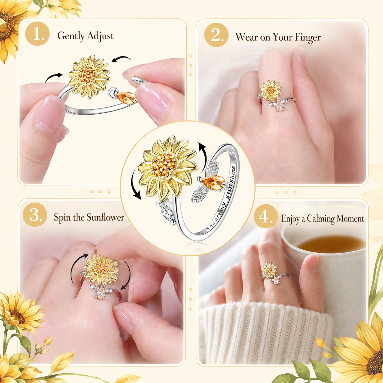 ☀️Sunflower Fidget Rings for Women,You are My Sunshine Chic Sunflower Open Ring