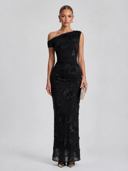 ✨2026 Women's Elegant Off-Shoulder Mesh Lace Midi Bodycon Dress with 3D Floral Applique