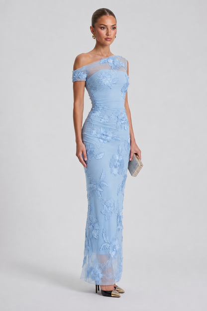 ✨2026 Women's Elegant Off-Shoulder Mesh Lace Midi Bodycon Dress with 3D Floral Applique
