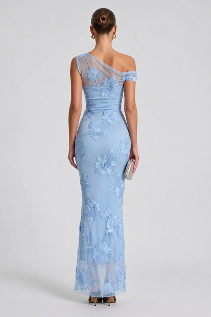 ✨2026 Women's Elegant Off-Shoulder Mesh Lace Midi Bodycon Dress with 3D Floral Applique