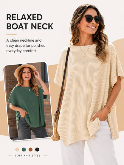 ✨Women's Casual Oversized Solid Knit Pullover Sweater with Puff Short Sleeves