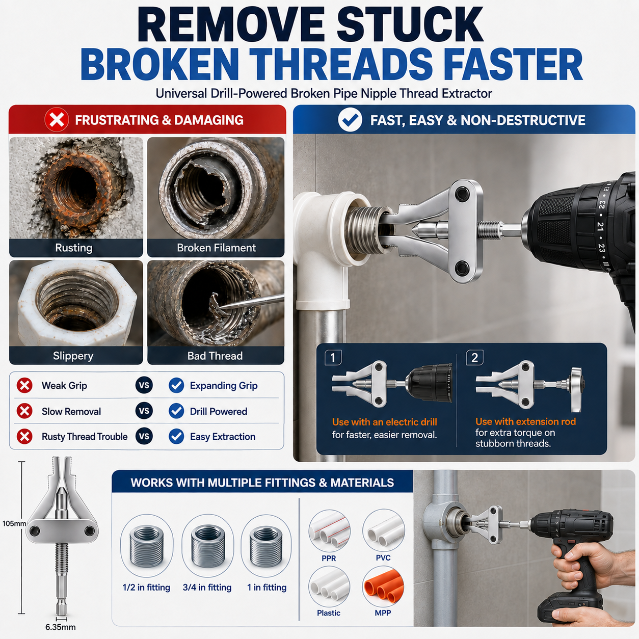 🛠️Broken Pipe Thread Extractor, Universal 1/2" 3/4" 1" Pipe Nipple Remover