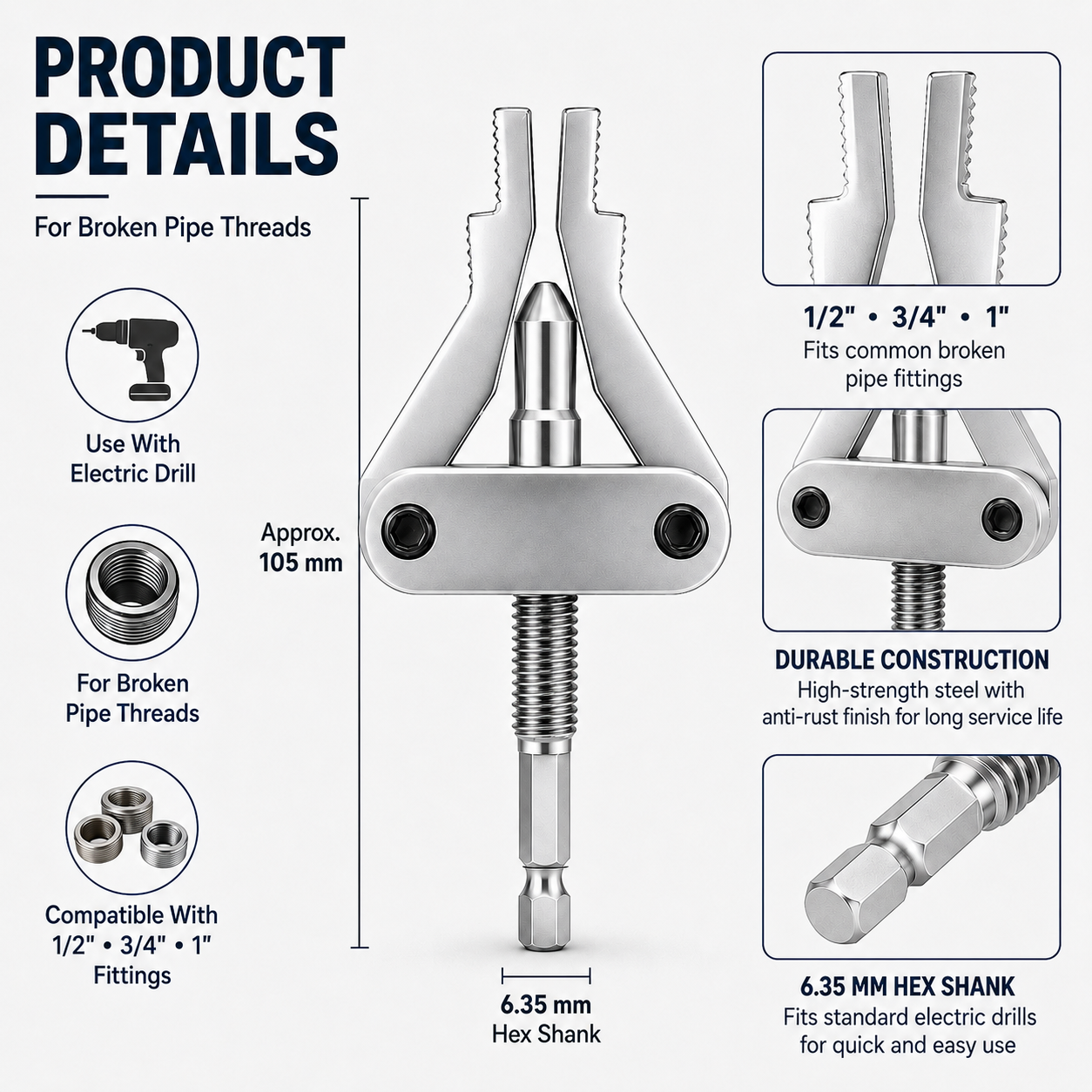 🛠️Broken Pipe Thread Extractor, Universal 1/2" 3/4" 1" Pipe Nipple Remover