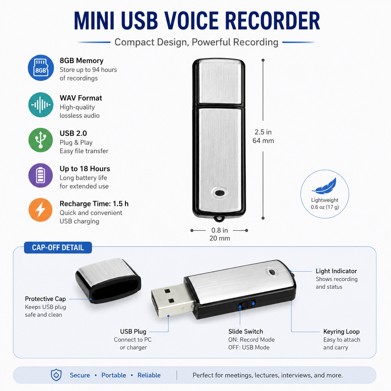 🎙️ 2-in-1 USB Flash Drive Voice Recorder – Smart Noise Reduction & Auto-Save