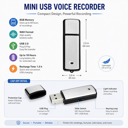 🎙️ 2-in-1 USB Flash Drive Voice Recorder – Smart Noise Reduction & Auto-Save