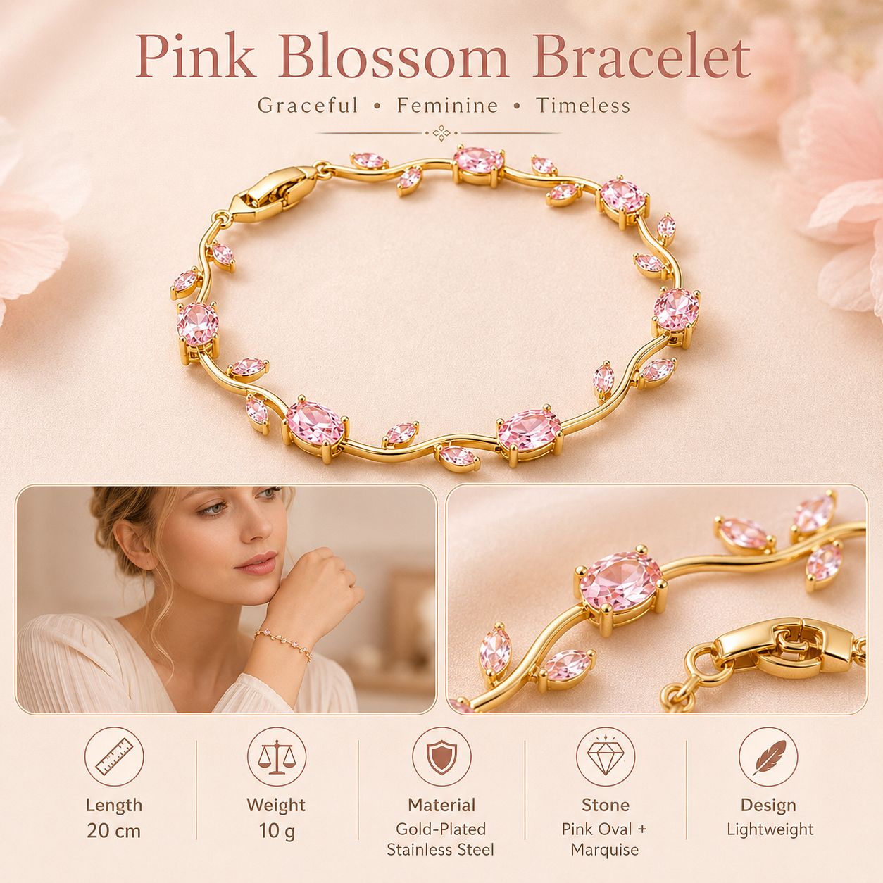 🌷 Bestseller Pink Tulip Bracelet for Women – Gold-Plated Stainless Steel ✨