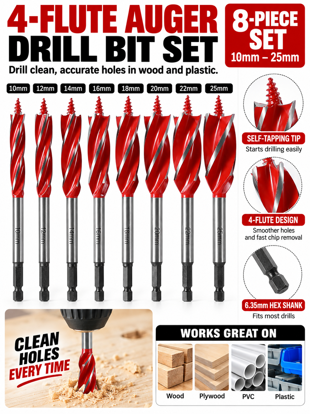 🔨 Workshop Deal – 8-Piece Wood Boring Bit Set 🛠️ Durable Cutting Tools for Timber & Plastic Projects 📐