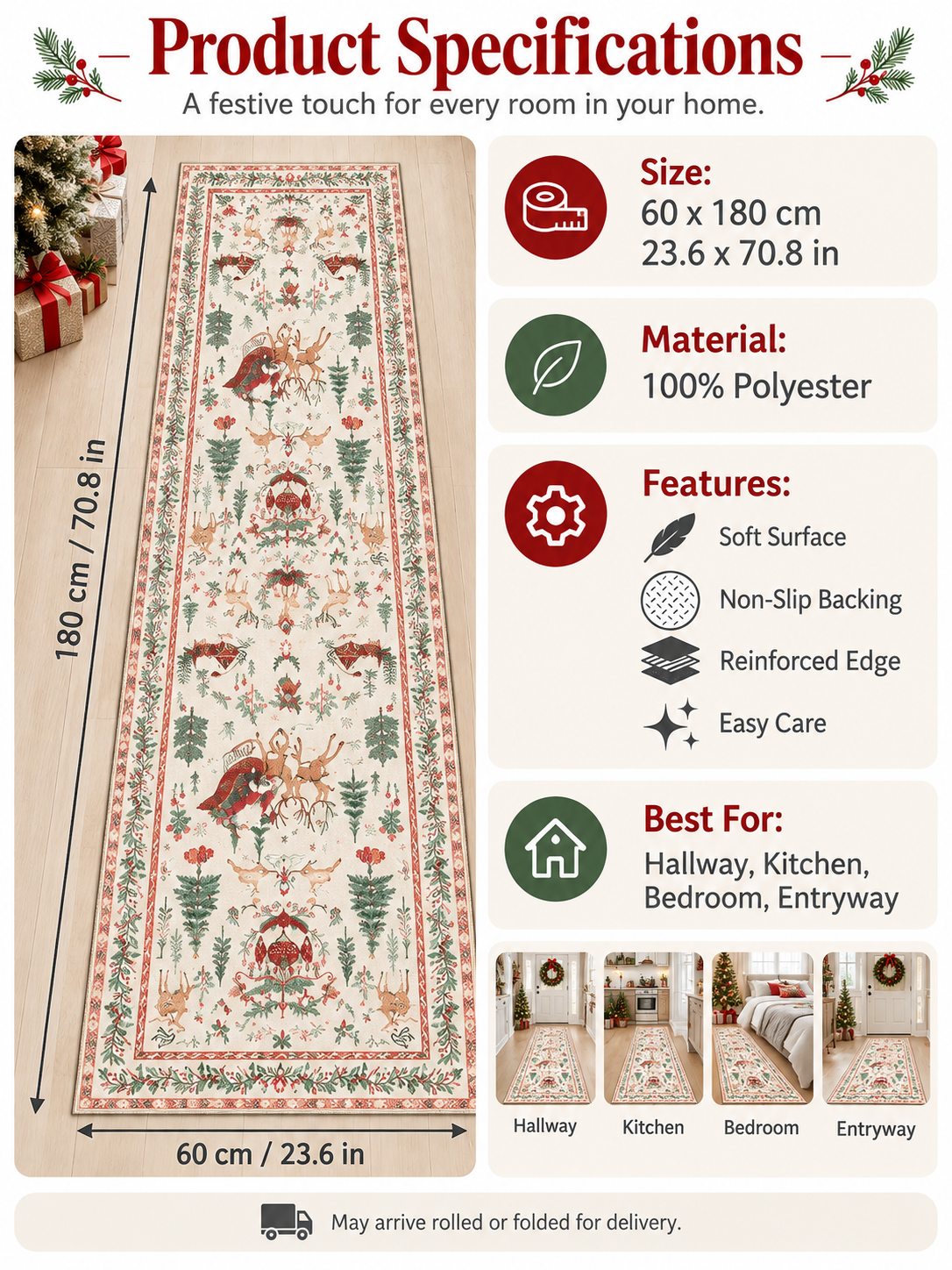 🎄 Holiday Home Deal – Festive Christmas Runner Rug ❤️ Soft, Washable & Non-Slip Décor for Hallways, Bedrooms & Living Spaces ✨