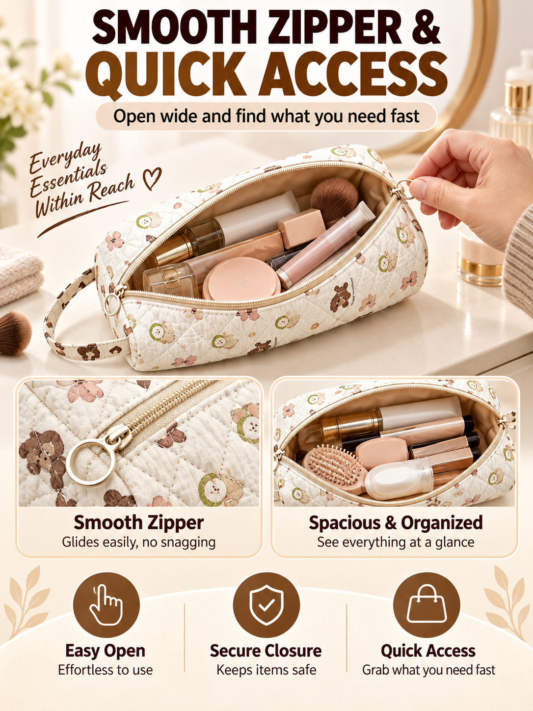 ✨ Travel Deal – Quilted Cosmetic Organizer Bag 🧳 Spacious Zipper Pouch with Handle for Beauty & Toiletry Essentials 💄