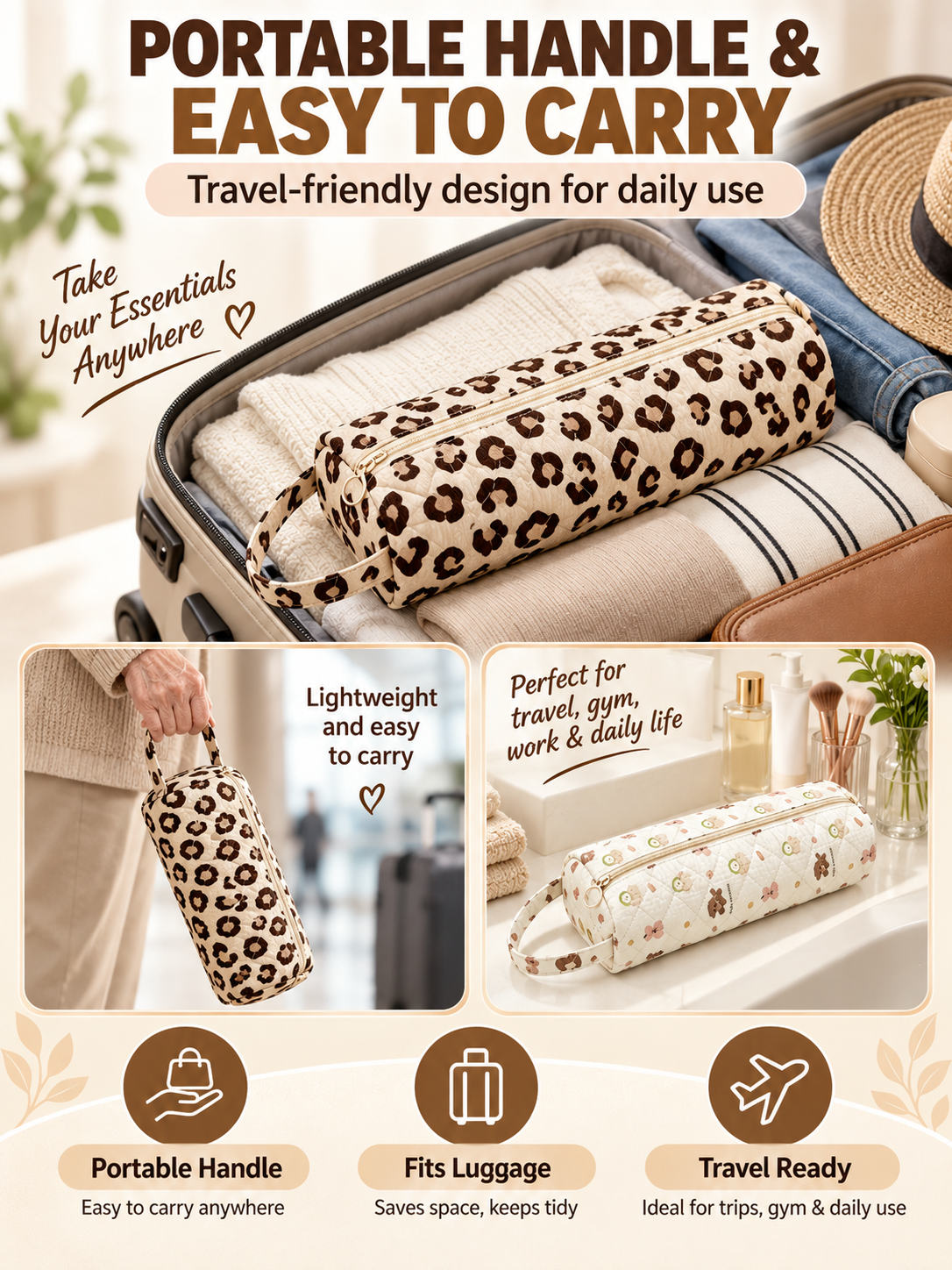 ✨ Travel Deal – Quilted Cosmetic Organizer Bag 🧳 Spacious Zipper Pouch with Handle for Beauty & Toiletry Essentials 💄