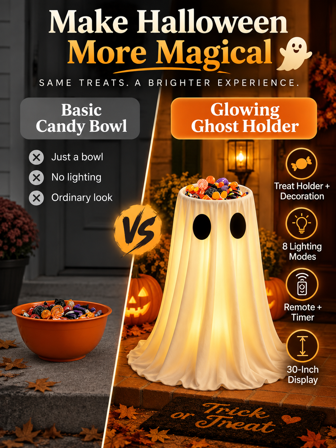 🎃 Halloween Deal – Glowing Ghost Treat Bowl 👻 Light-Up Candy Holder with Timer & Remote for Indoor & Outdoor Décor ✨