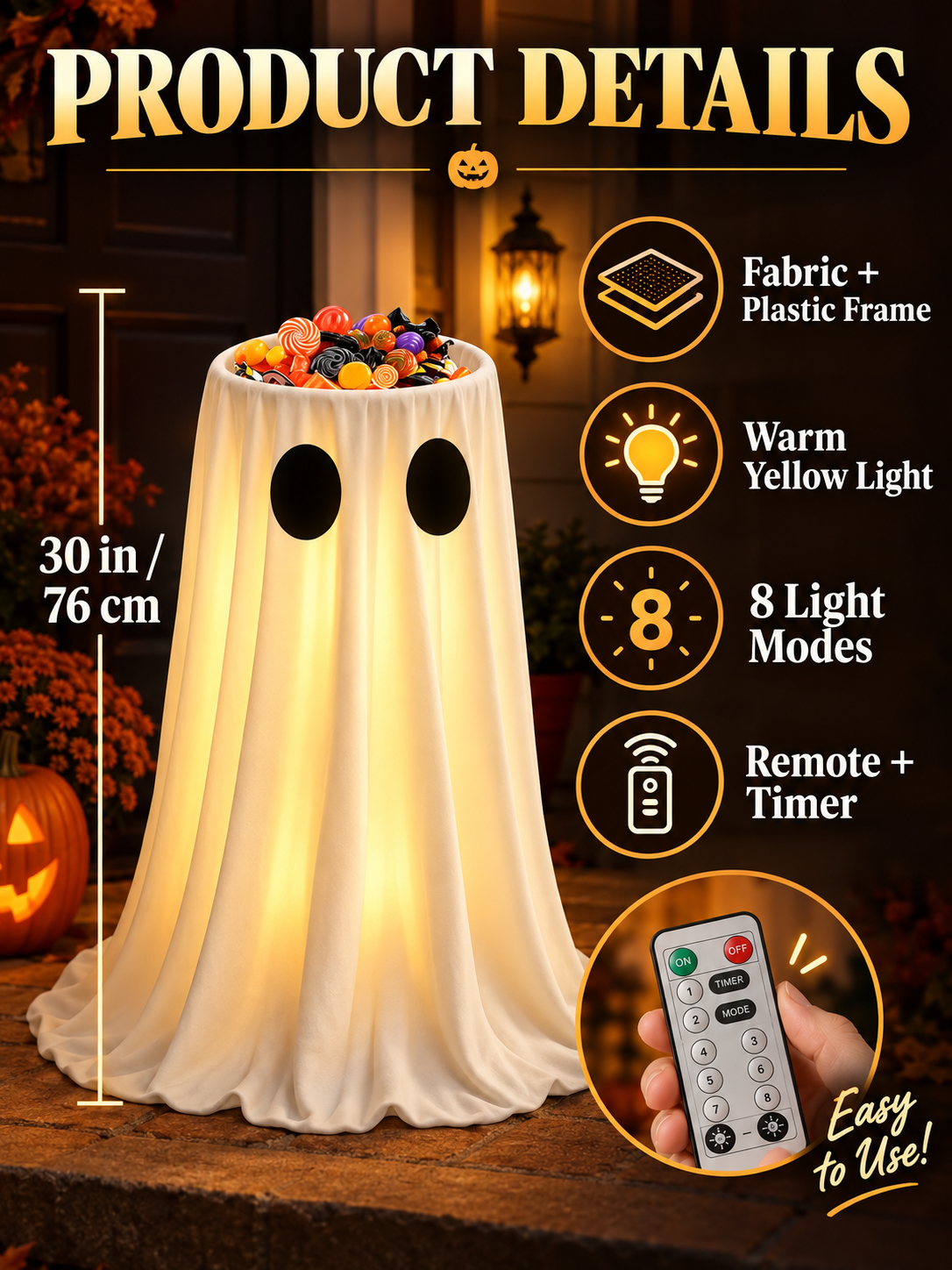 🎃 Halloween Deal – Glowing Ghost Treat Bowl 👻 Light-Up Candy Holder with Timer & Remote for Indoor & Outdoor Décor ✨