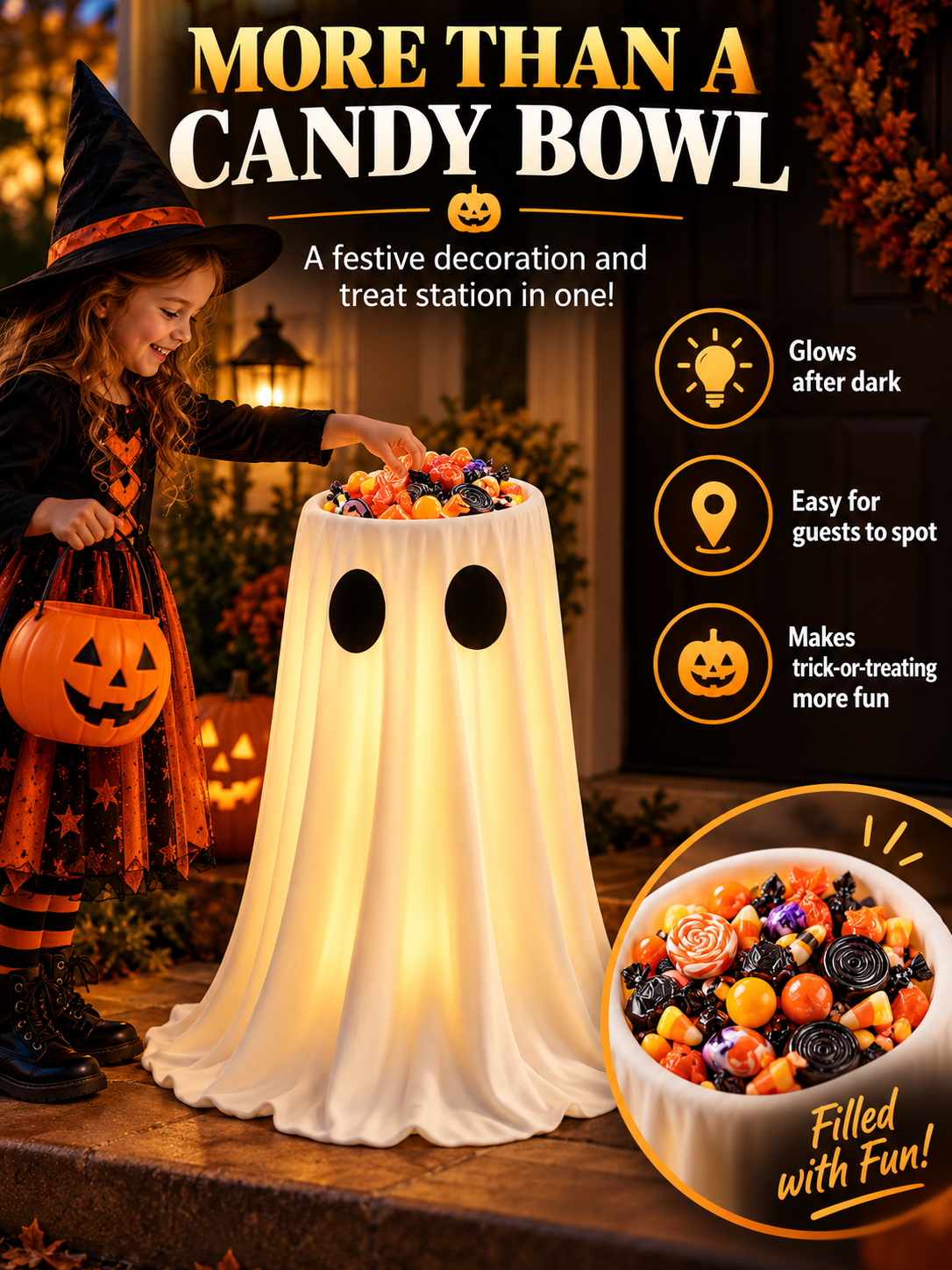 🎃 Halloween Deal – Glowing Ghost Treat Bowl 👻 Light-Up Candy Holder with Timer & Remote for Indoor & Outdoor Décor ✨