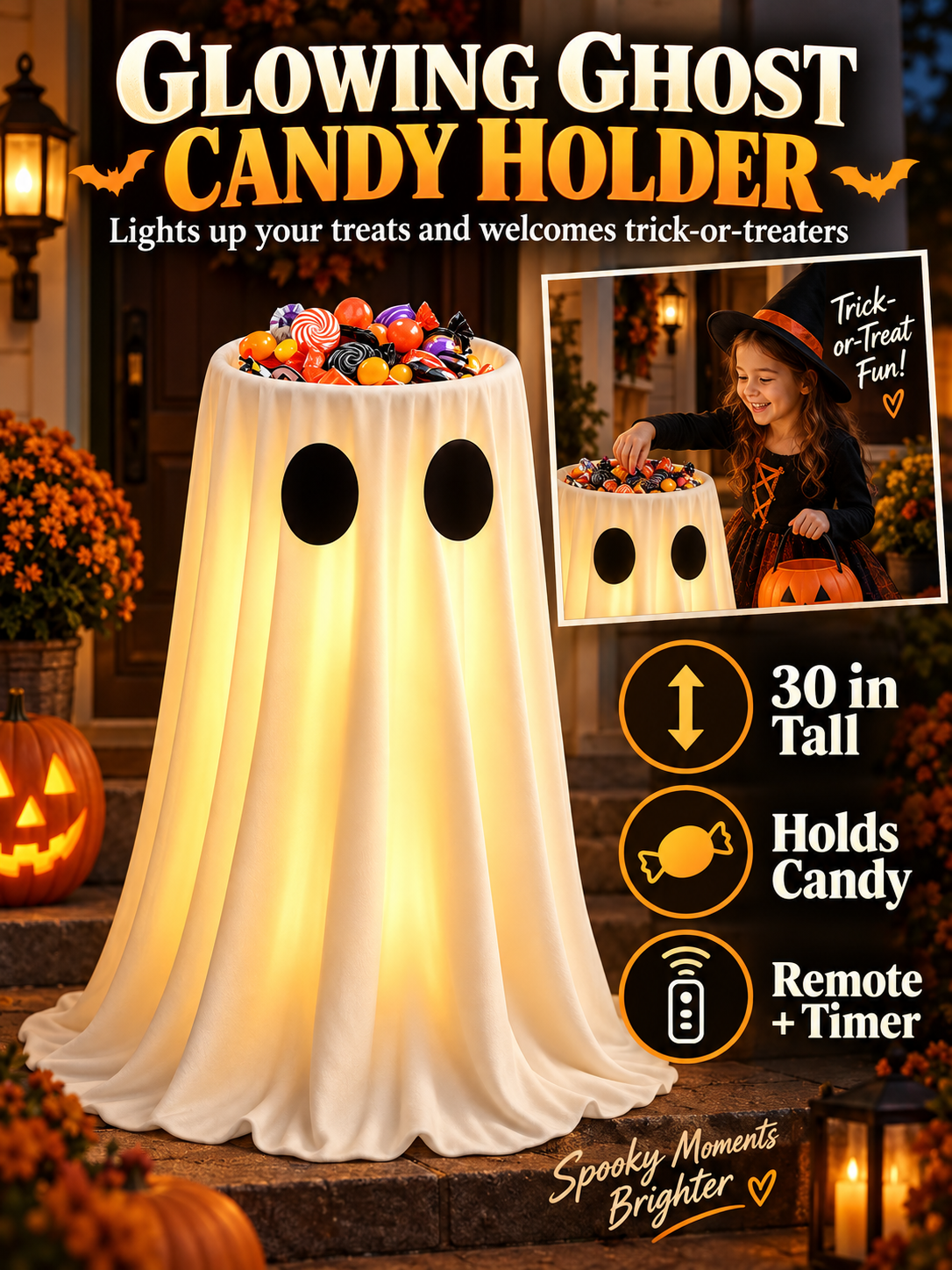 🎃 Halloween Deal – Glowing Ghost Treat Bowl 👻 Light-Up Candy Holder with Timer & Remote for Indoor & Outdoor Décor ✨