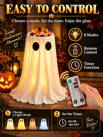 🎃 Halloween Deal – Glowing Ghost Treat Bowl 👻 Light-Up Candy Holder with Timer & Remote for Indoor & Outdoor Décor ✨
