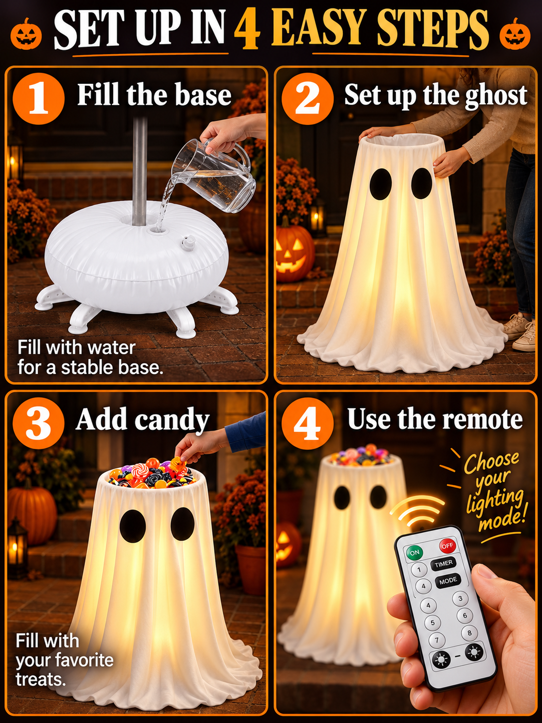 🎃 Halloween Deal – Glowing Ghost Treat Bowl 👻 Light-Up Candy Holder with Timer & Remote for Indoor & Outdoor Décor ✨