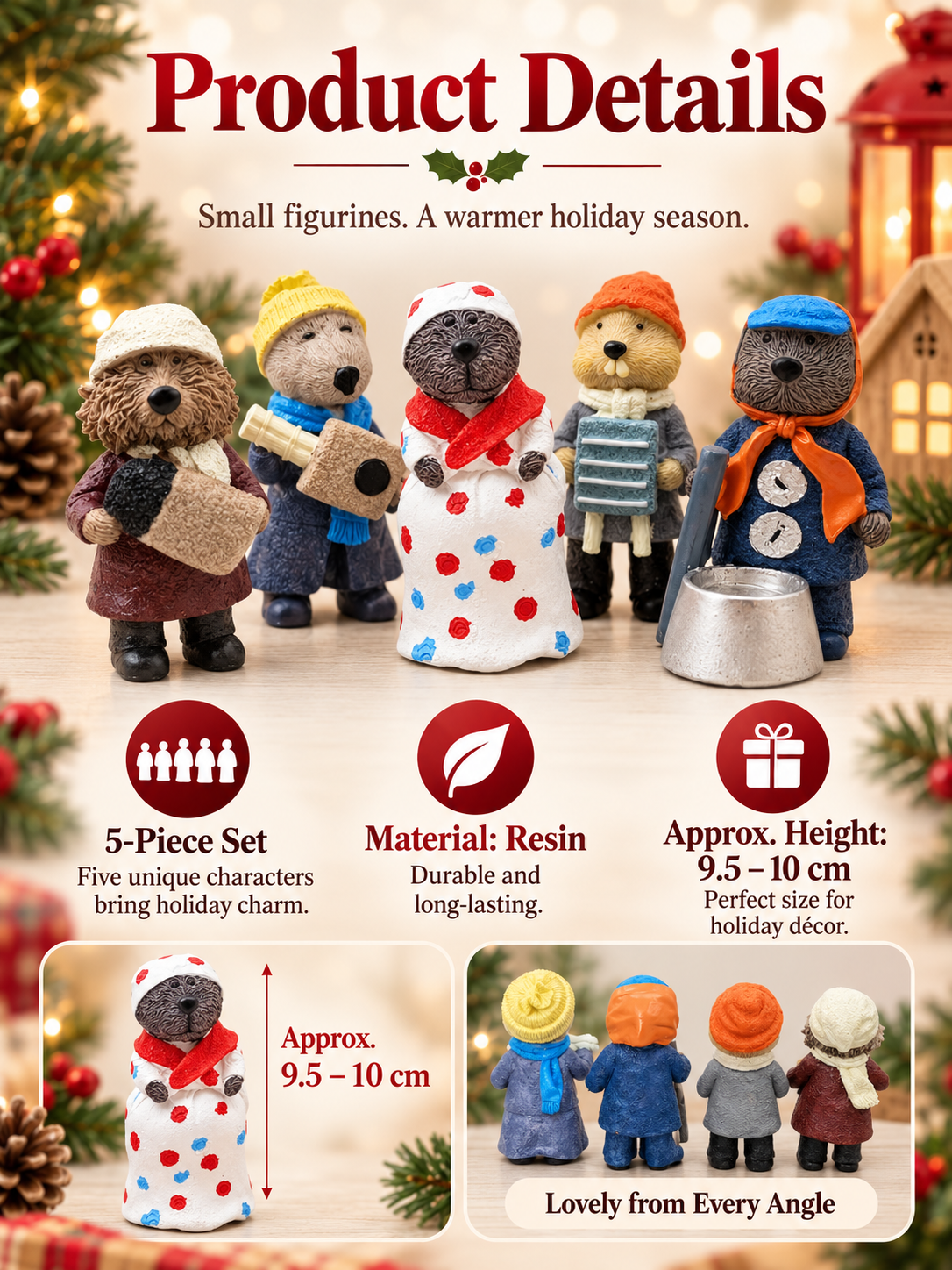 🎄 Holiday Decor Deal – 5-Piece Woodland Figurine Set 🦫 Charming Resin Mini Statues for Festive Home Displays ✨