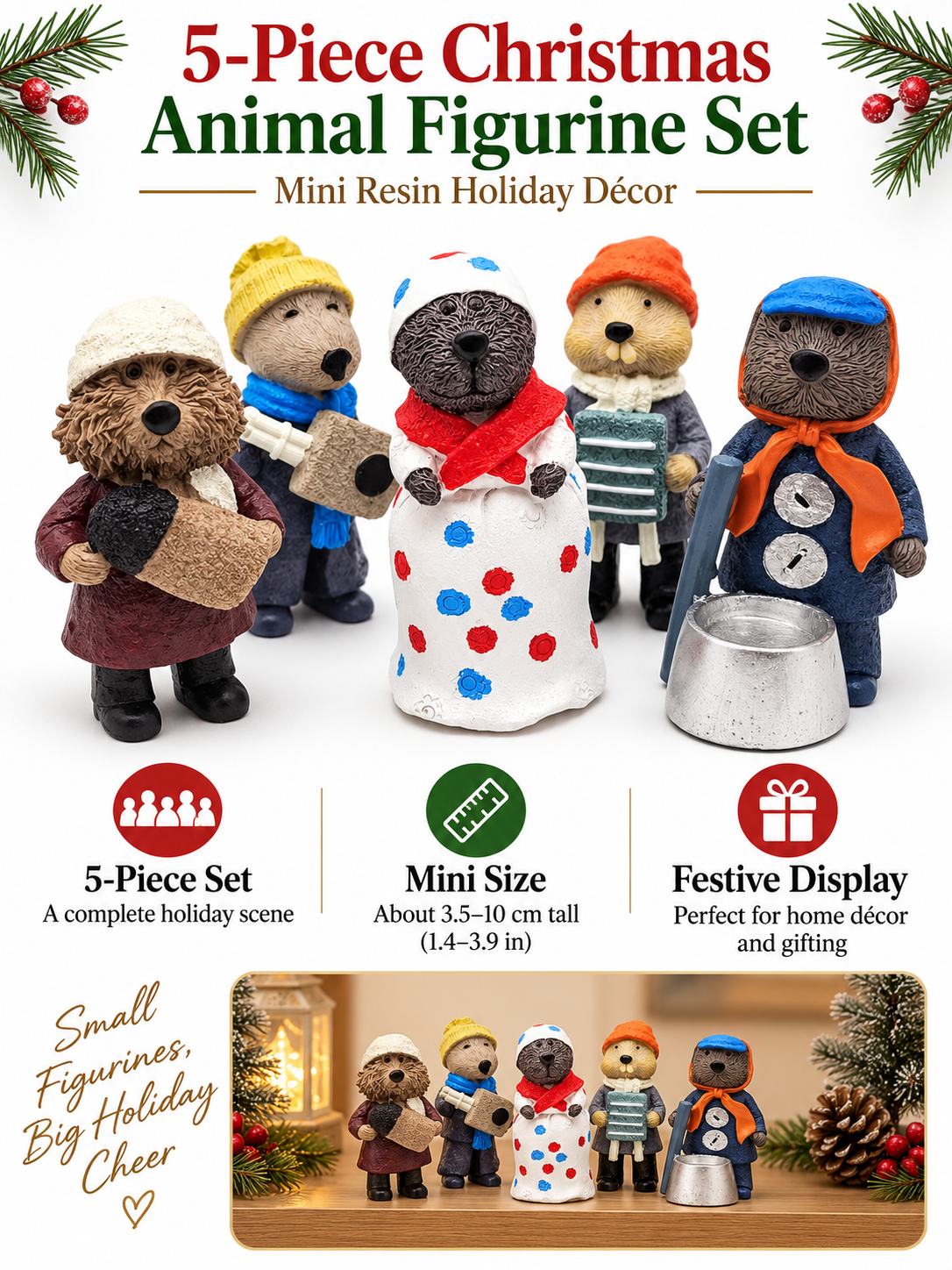 🎄 Holiday Decor Deal – 5-Piece Woodland Figurine Set 🦫 Charming Resin Mini Statues for Festive Home Displays ✨