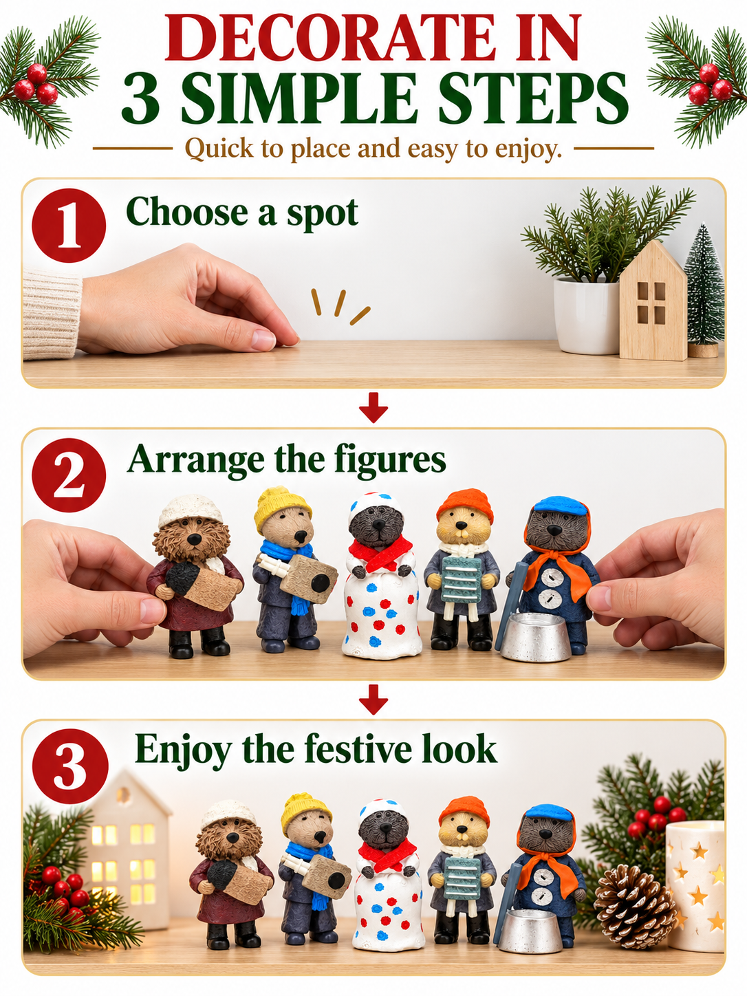 🎄 Holiday Decor Deal – 5-Piece Woodland Figurine Set 🦫 Charming Resin Mini Statues for Festive Home Displays ✨