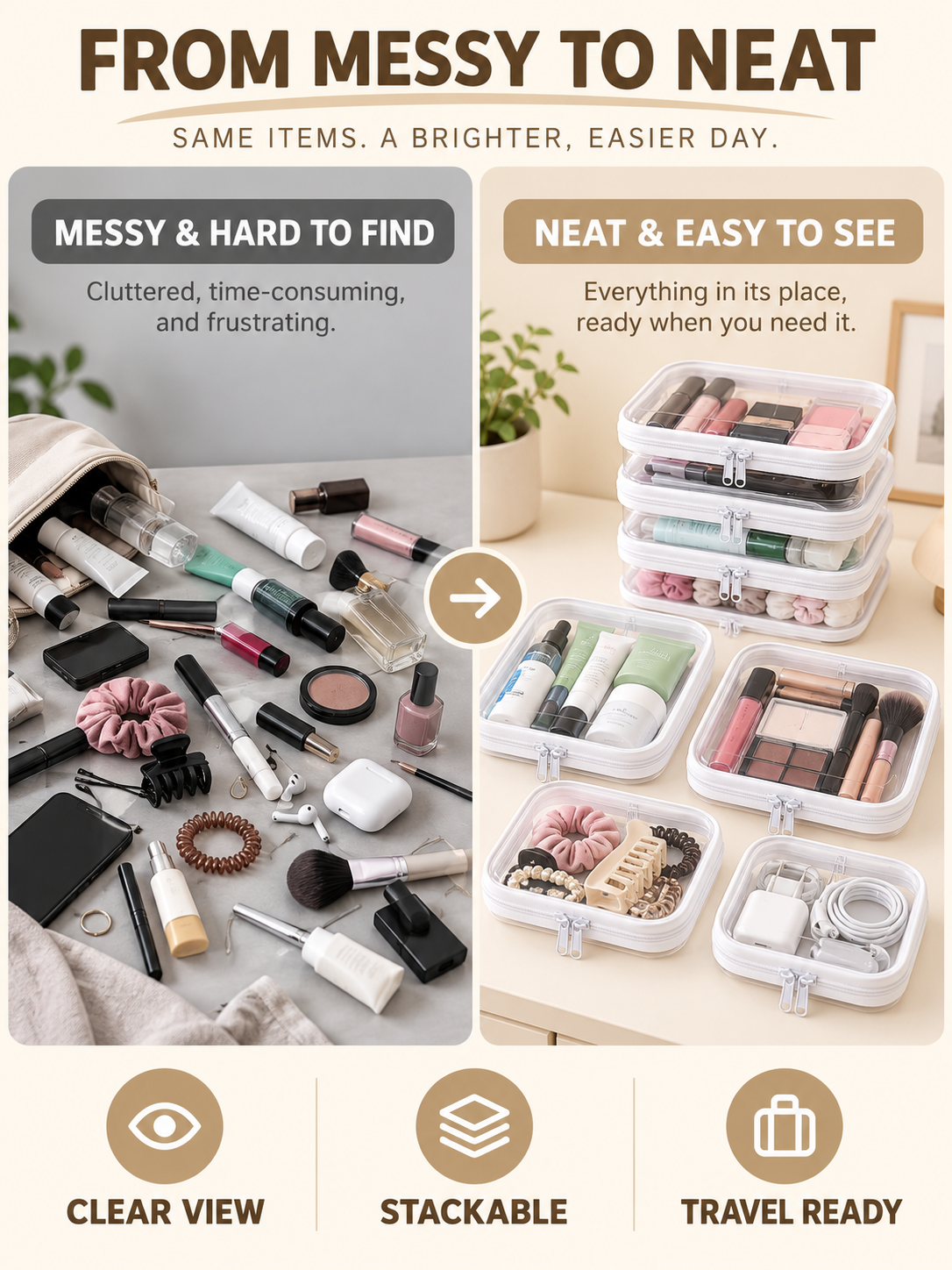 🌟Clear Organizer Storage Box 🌟4PCS Clear Hard Zipper Case PVC Plastic Clear Storage Containers