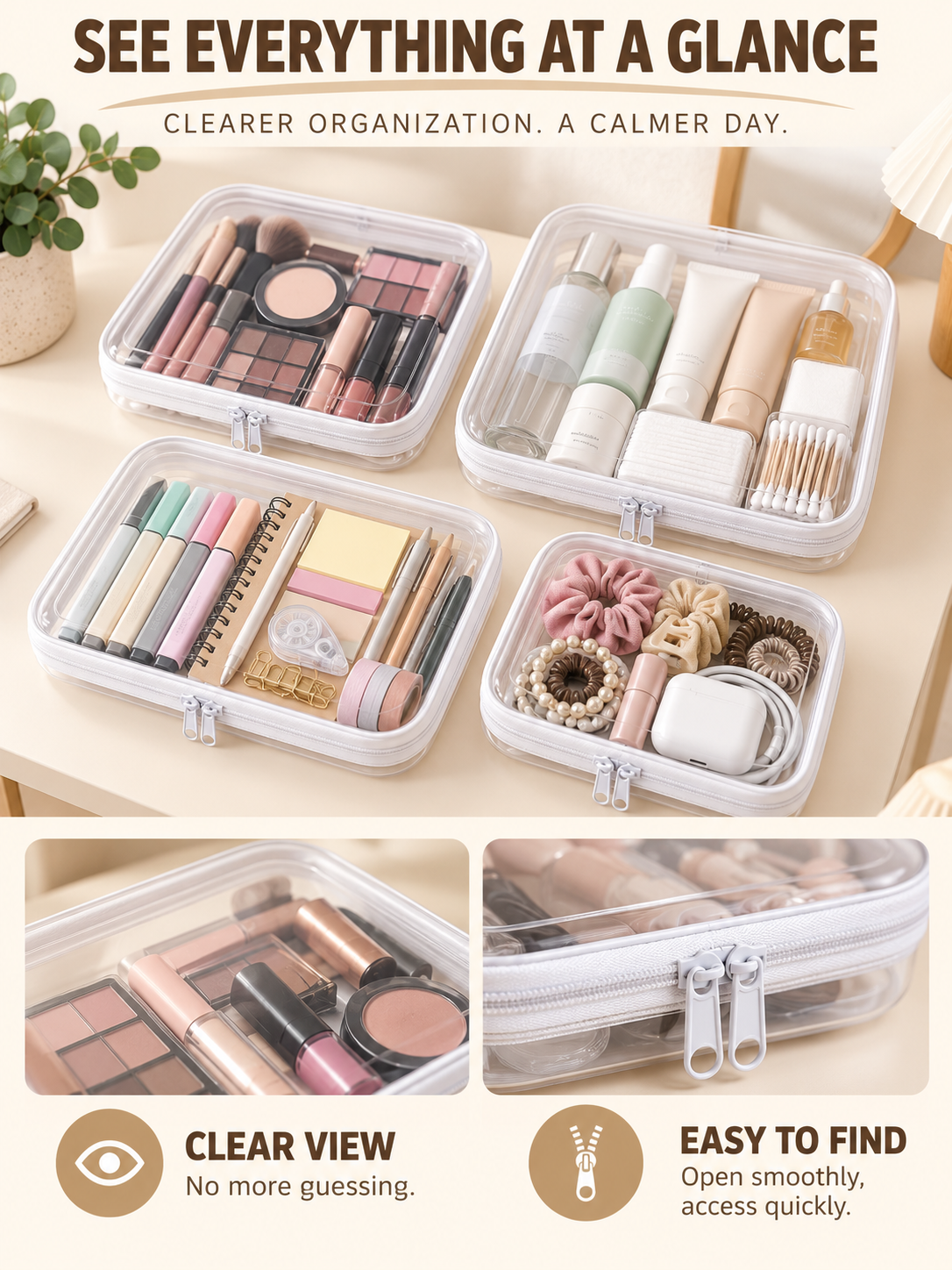 🌟Clear Organizer Storage Box 🌟4PCS Clear Hard Zipper Case PVC Plastic Clear Storage Containers