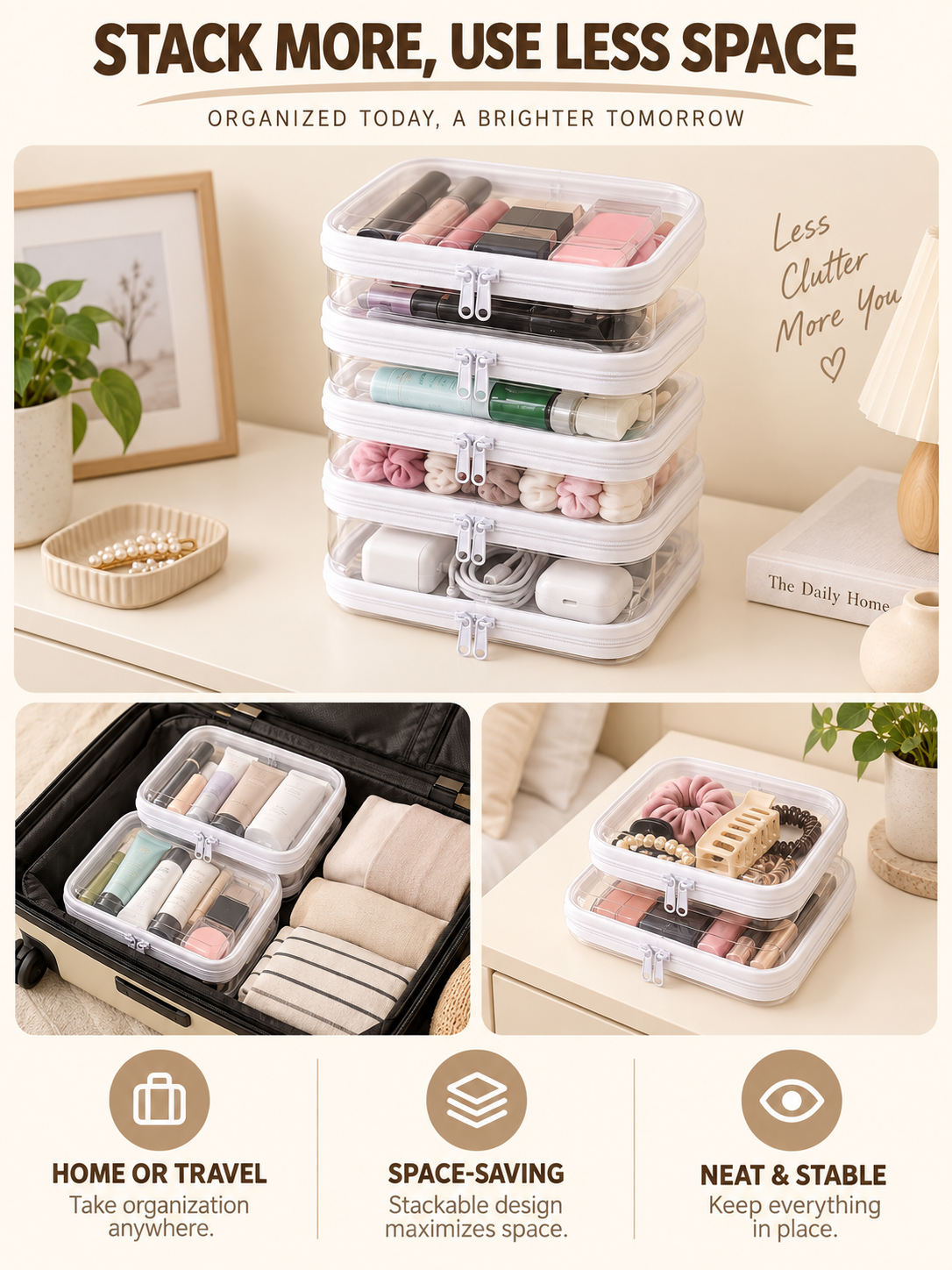 🌟Clear Organizer Storage Box 🌟4PCS Clear Hard Zipper Case PVC Plastic Clear Storage Containers