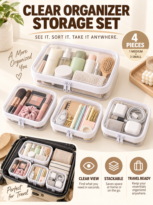🌟Clear Organizer Storage Box 🌟4PCS Clear Hard Zipper Case PVC Plastic Clear Storage Containers