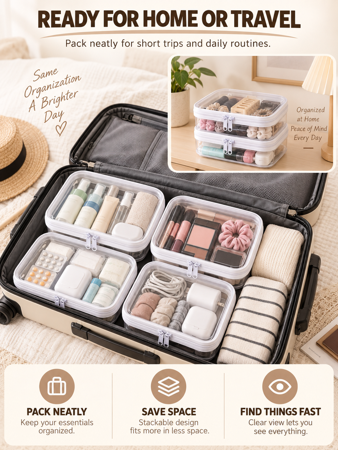 🌟Clear Organizer Storage Box 🌟4PCS Clear Hard Zipper Case PVC Plastic Clear Storage Containers