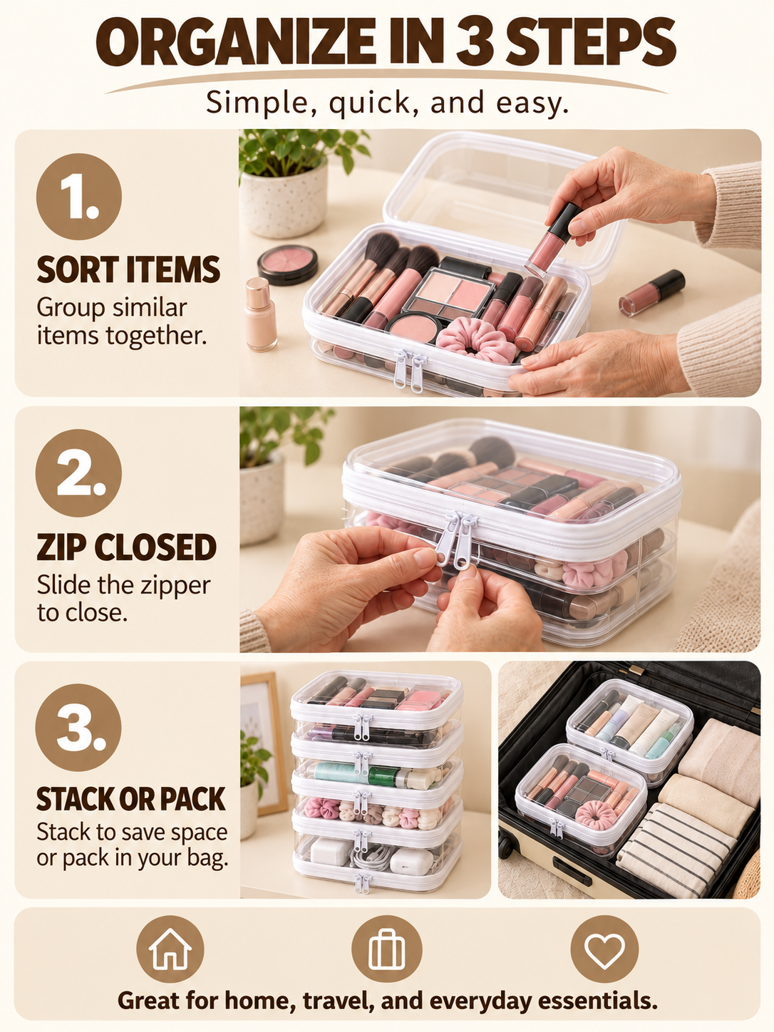 🌟Clear Organizer Storage Box 🌟4PCS Clear Hard Zipper Case PVC Plastic Clear Storage Containers
